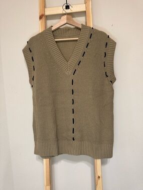 Sleeveless V-Neck Knit Vest in Olive with Contrast Stitching